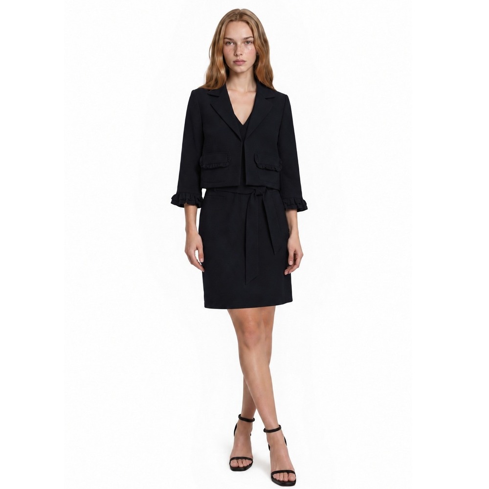 NWT Julie Brown Sheath Dress Jacket Set Women's Size 10 Navy Blue Ruffle $245